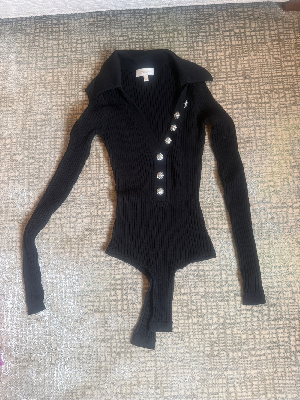 Ronny Kobo Collection Black Ribbed Long-Sleeve Bodysuit with Decorative Buttons